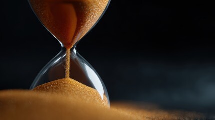 Hourglass with golden sand slowly flowing, dark background with soft spotlight, symbolic of passing time