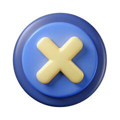 Fototapeta premium Glossy yellow x icon centered on blue circular button isolated on black transparent background