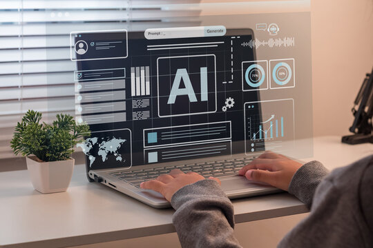 Artificial Intelligence concept. A student learning about AI technology at home. AI assistant to help learning. - Powered by Adobe