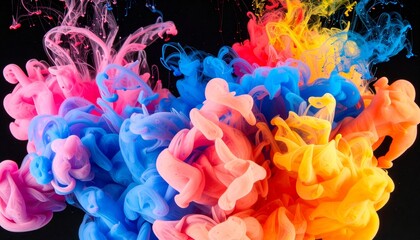 Obraz premium Colorful ink clouds swirling in water—pink, blue, orange, yellow—against black background, suspended mid-motion, symbolizing emotion, transformation, and expressive abstract creativity.