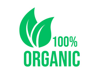 Green leaf emblem 100% organic certification seal for natural products and healthy living transparent background