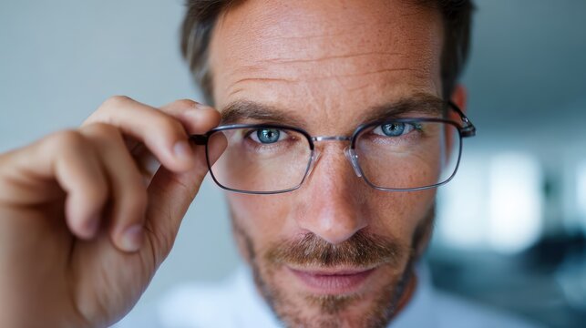 Man adjusting his sleek metal frame glasses in office setting, professional and focused mood - Powered by Adobe