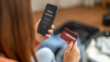 Portrait of woman use technology of smartphone for hotel and resort booking online summer holiday travel system planning searching information weekend vacation trip.reservation online travel
