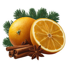 Vibrant halved orange with cinnamon sticks and star anise festive holiday spice arrangement