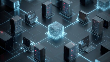 Secure computer network infrastructure with digital data center connection, protected online server communication, and advanced cybersecurity technology concept