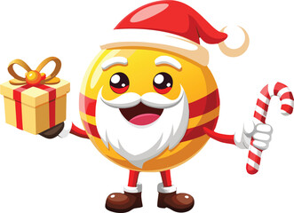 Joyful Santa Claus emoji character holding gift and candy cane for festive holiday promotions