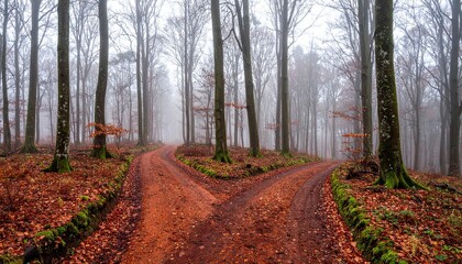 Obraz premium Forked forest path in misty autumn woods with leafless trees, mossy stones, and fallen leaves—symbolizing choice, uncertainty, and introspective journey through nature’s quiet transformation.