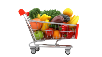 3d realistic shopping cart full of fruits and vegetables on white background