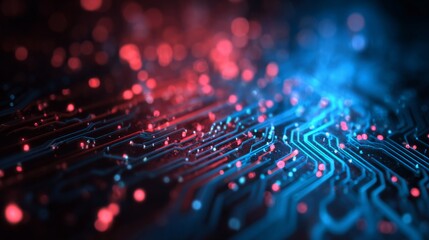 Futuristic cybersecurity and digital information technology background with glowing blue and red network circuits, electronic printed circuit board, and integrated data protection design