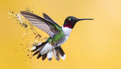 Fototapeta premium Hummingbird mid-flight with iridescent green feathers and red throat, disintegrating into particles on left side against solid yellow background—symbolizing fragility, motion, and transformation.