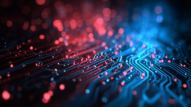 Futuristic cybersecurity and digital information technology background with glowing blue and red network circuits, electronic printed circuit board, and integrated data protection design