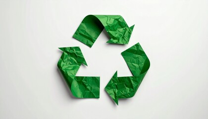 Green recycling symbol made of crumpled paper arrows on white background—representing sustainability, reuse, and eco-conscious design with tactile texture and minimalist environmental focus.