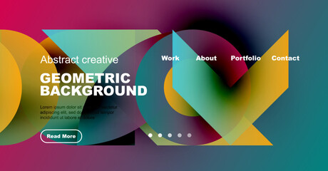 Modern website header design. Vibrant colors, geometric shapes, text elements present. Navigation menu visible, button included.