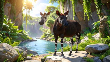 Two okapis standing near a clear forest stream, surrounded by lush green foliage and rocky cliffs with hanging vines—symbolizing rarity, biodiversity, and serene tropical wilderness.