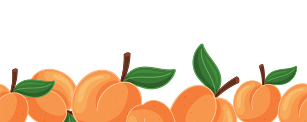 Vector seamless border with ripe peaches and green leaves along the bottom on white background. Large blank space above for text. Good for summer menus, labels, packaging and banners