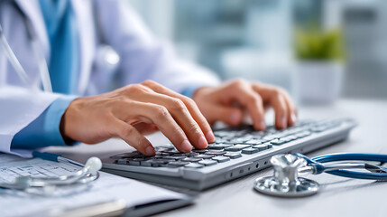 Doctor typing on keyboard with stethoscope and medical chart
