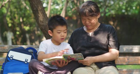Chinese grandparents and grandchildren reading outdoors - Powered by Adobe