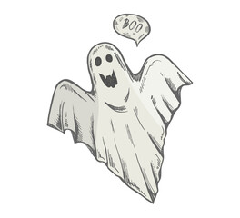Hand drawn vintage sketch of scary ghost with boo speech bubble in monochrome style, isolated vector illustration