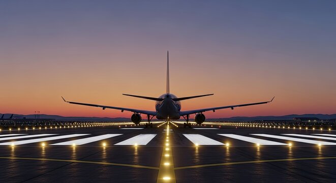 Dramatic airplane taking off at dusk with vibrant sky and runway lights for travel, business, or transportation concepts