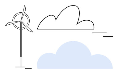 Minimalist wind turbine generating energy beside outlined and shaded clouds. Ideal for clean energy, renewable resources, sustainability, environment, innovation, eco-friendliness, simple flat
