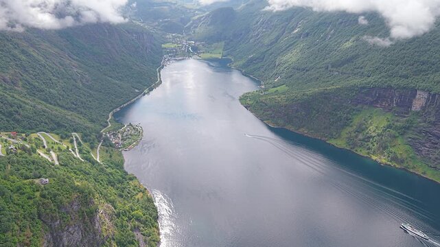 Scenic view of Geirangerfjord at Ornesvingen Viewpoint in Geiranger, Norway