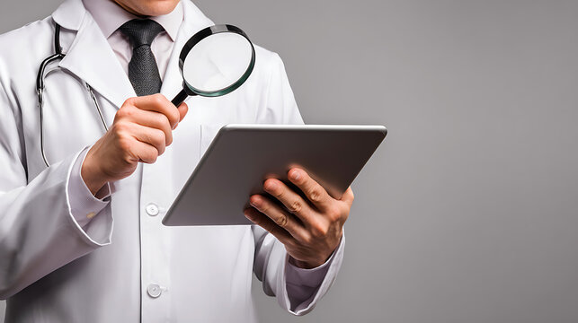 Doctor examining tablet with magnifying glass for detailed medical information - Powered by Adobe
