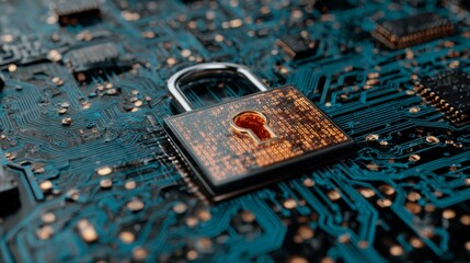 Digital holographic padlock symbol representing cybersecurity protection on futuristic blue circuit board background with encrypted data, secure global network, cloud computing, and high-speed technol