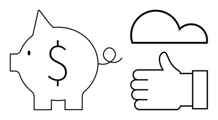 Piggy bank with dollar sign, cloud, and thumbs-up outline emphasizing savings, finance, and positivity. Ideal for banking, financial advice, cloud computing, business trust growth and a simple