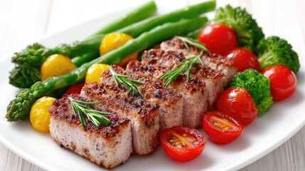 Grilled Pork with Vegetables: Colorful Plate of Tomatoes, Asparagus, Broccoli, and Peppers