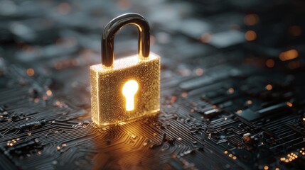Futuristic digital illustration of glowing padlock symbol on blue circuit board background representing cybersecurity, encrypted data protection, secure global network, and advanced information techno