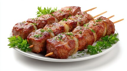 Delicious Grilled Kebab Skewers with Fresh Herbs on a White Plate