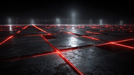 Dark, futuristic, concrete floor with red lines