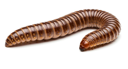 Close-up studio shot of a brown millipede with segmented body on a white background.