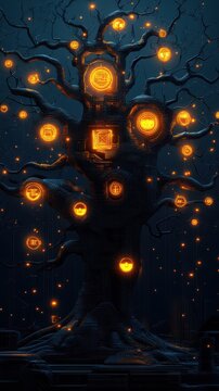 A mysterious, illuminated tree with glowing symbols, set against a dark background, evokes a sense of magic and technology.