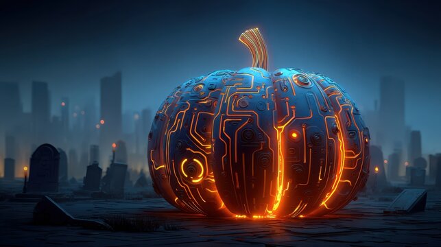 A glowing, futuristic pumpkin with circuitry patterns stands in a haunted graveyard, blending technology with Halloween vibes.