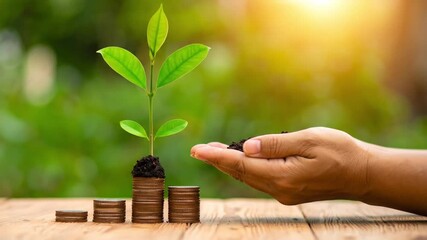 Symbolizing sustainable financial growth and environmental investment, a tender plant sprouts from stacked coins, nurtured by a human hand under warm sunlight