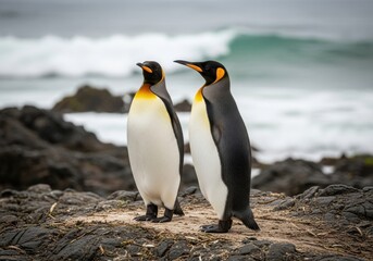 Fototapeta premium Majestic King Penguins Gazing Outward on Rocky Shoreline of a Wild Coast