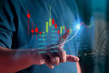Businessman analyzing forex trading graph financial data. Stock Market Investments Funds and Digital Assets. Concept of data analysis, strategy.
