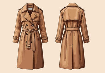 Fashion Event, Stylish Trench Coat, Studio Setting, Illustration, Modern Design, Front and Back View, Classy Fashion Concept