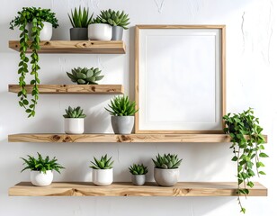 Lush Indoor Plant Display with Hanging Shelves and Wooden Frame