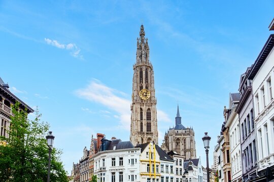 A stunning view of the Cathedral of Our Lady in Antwerp, Belgium. This iconic landmark features remarkable architecture and rich history, making it perfect for travel publications.
