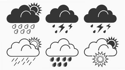 Collection of stylized weather icons depicting rain thunderstorms and sunny intervals with clouds in both solid black and outline styles