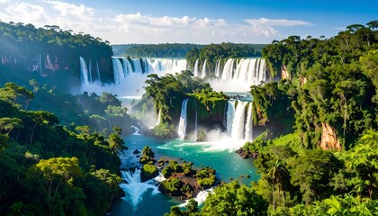 Fototapeta premium Iguazu Falls with lush rainforest landscape.