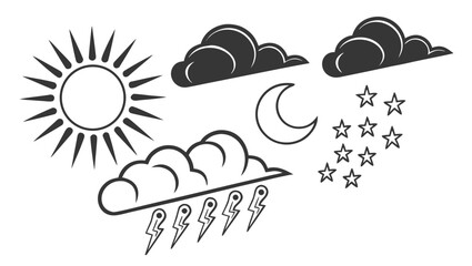Collection of weather icons including a bright sun fluffy clouds a crescent moon stars and a stormy cloud with lightning bolts and rain drops