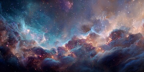 A cosmic view of a nebula featuring clusters of stars amid swirls of purplishblue and gold creating a celestial panorama
