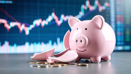 Broken piggy bank with stock market crash chart. Concept for financial crisis, investment risk, economic recession, bankruptcy, budget deficit, and savings loss.