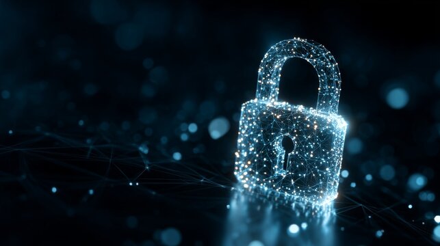 Lock icon representing cybersecurity protection with encrypted digital data, secure global network infrastructure, 5g high-speed internet connection, cloud computing, and big data analysis background