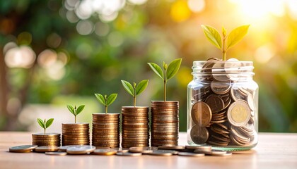 Concept of a retirement savings plan with growing stacks of coins and a jar filled with money. The image conveys financial planning and security for the future