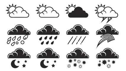 Collection of weather icons depicting various atmospheric conditions including sunny and cloudy partly cloudy stormy rainy and snowy weather presented in a clean graphic style © Shope3