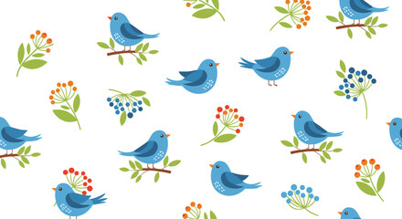 Obraz premium Charming collection of whimsical blue birds perched on branches amidst delicate foliage and berry clusters